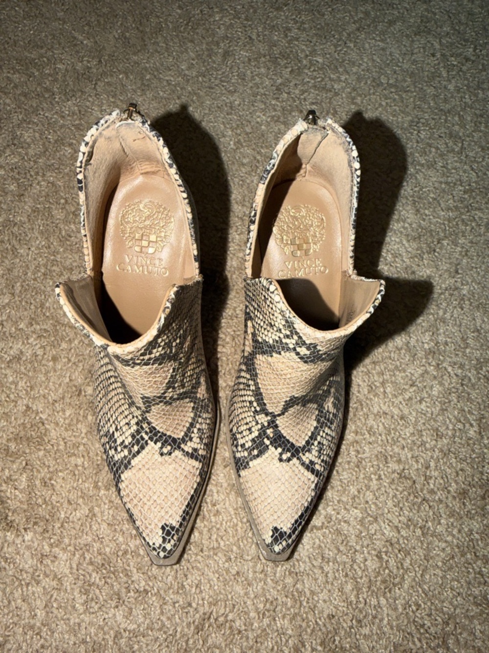 Vince Camuto Tan & Black Snake-Print Pointed Ankle Booties